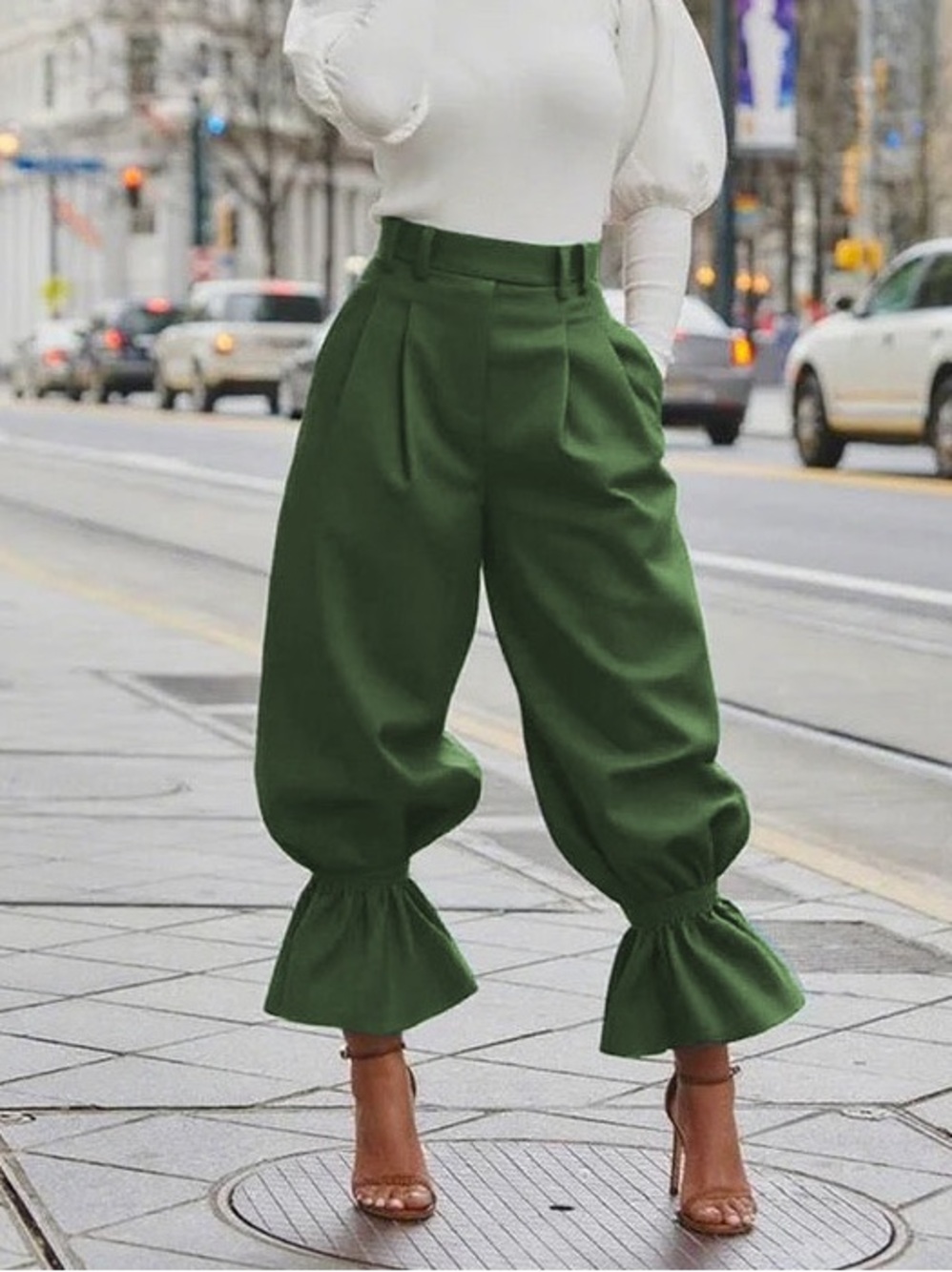 Zoom Olive Green High-Waist Ruffle Hem Wide Leg Pants